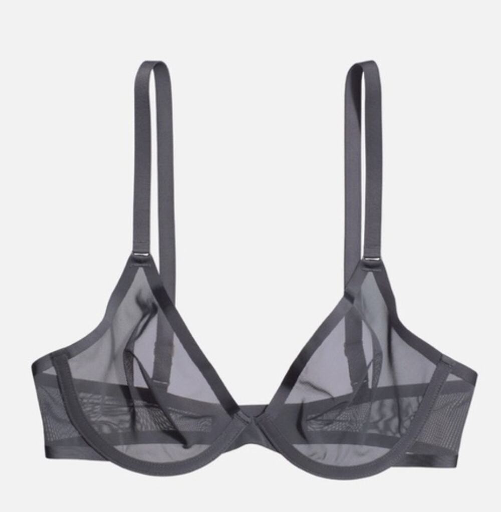 CUUP The Plunge Bra 38E Gray Sheer Mesh Underwire Minimalist Lingerie